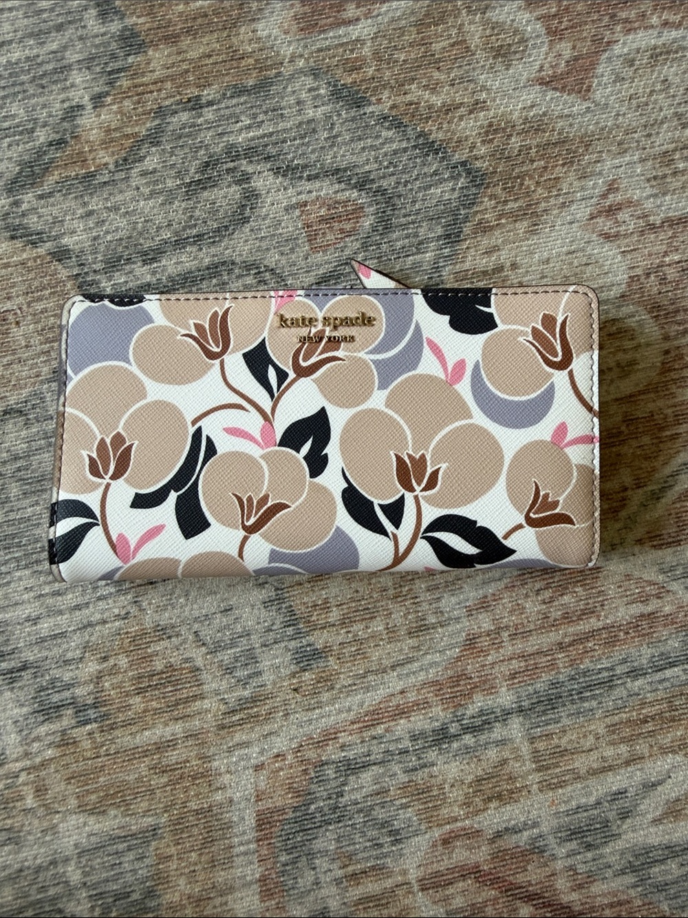 kate spade floral zip-around wallet in beige, black and pink accents